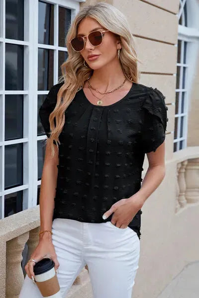 Swiss Dot Round Neck Short Sleeve T-Shirt Black Women's T-Shirts - Tophatter Daily Deals